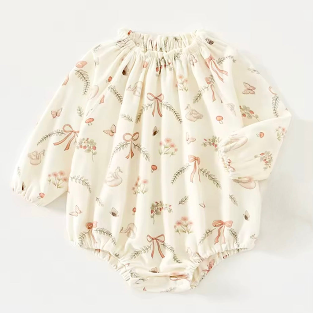 Vintage Floral Baby Romper – Long Sleeve Cotton Bubble Onesie for Girls