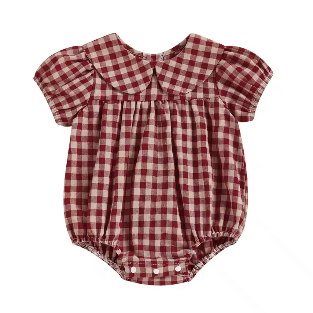 Red and white checkered baby romper with ruffled collar on a white background
