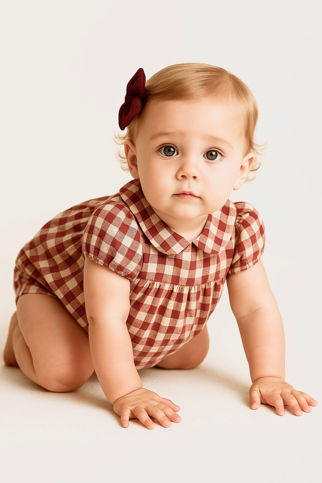 Baby in a checkered outfit with a red bow on a white background