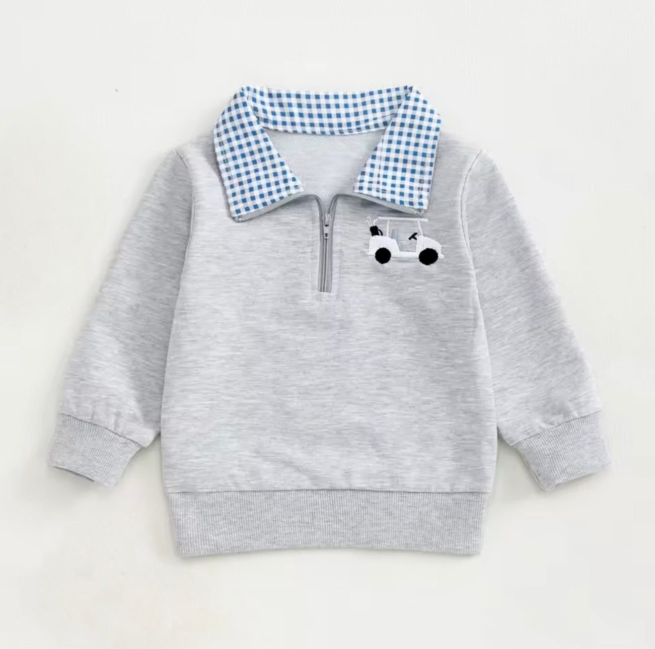 Gray sweater with blue checkered collar and gold cart embroidered patch on a light gray pullover jacket sweater for boy children kids baby toddler infant