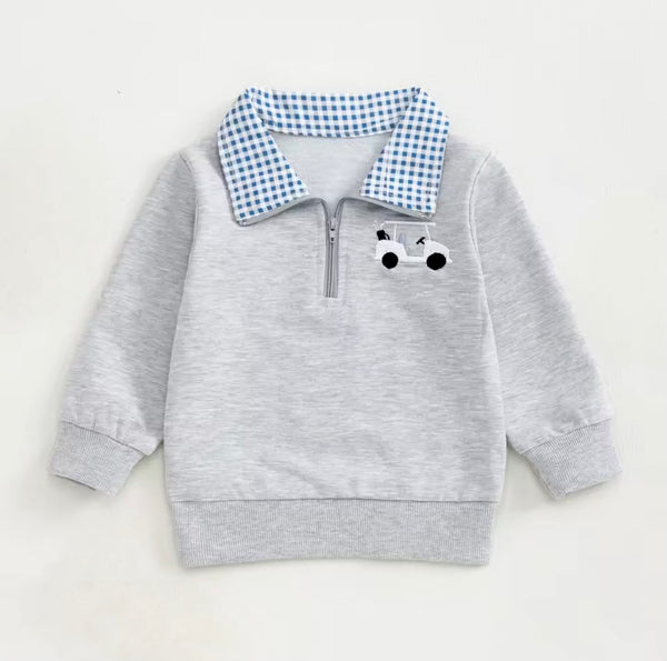 Gray sweater with blue checkered collar and gold cart embroidered patch on a light gray pullover jacket sweater for boy children kids baby toddler infant