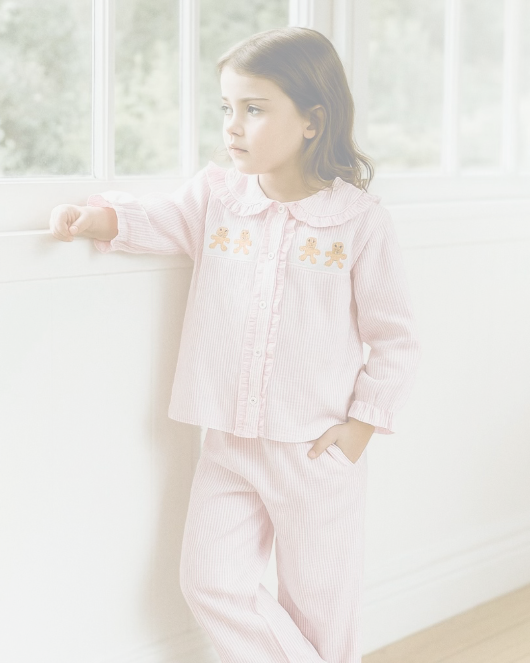 Christmas pajamas for girls with ruffles in the color pink.