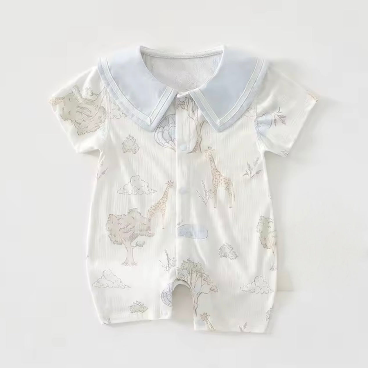 Baby, infant or newborn onesie for boys and girls. Breathable baby clothing. Cotton infant clothes animal print white and baby blue.